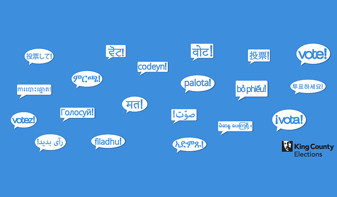 Speech bubbles with the word vote in more than 20 languages on a blue background